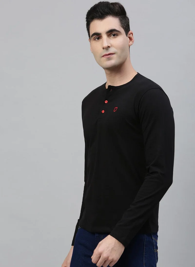 Urbano Fashion  Urbano Fashion Men's Black Solid Henley Neck Slim Fit Cotton T-Shirt for Men | Best Price UAE